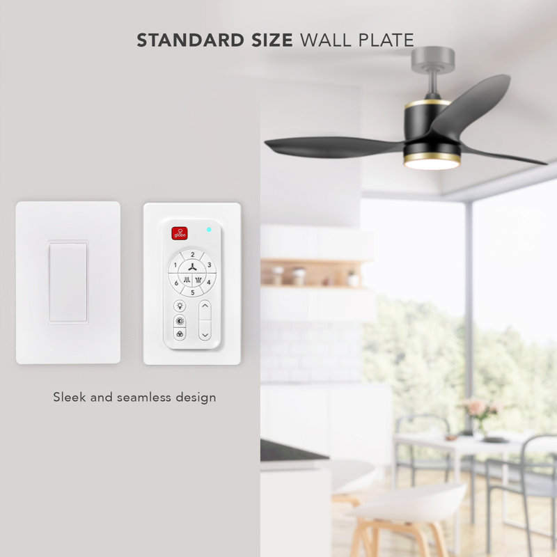 Ventilateur de plafond intégré à 3 pales à DEL avec télécommande et accents en laiton, Noir, H 15 po x l 48 po x P 48 po