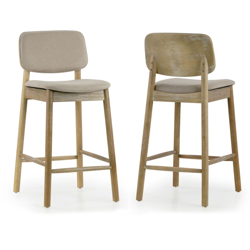 Ensemble de 2 tabourets de comptoir en tissu beige Azura avec pieds en bois délavé, White Washed/Beige