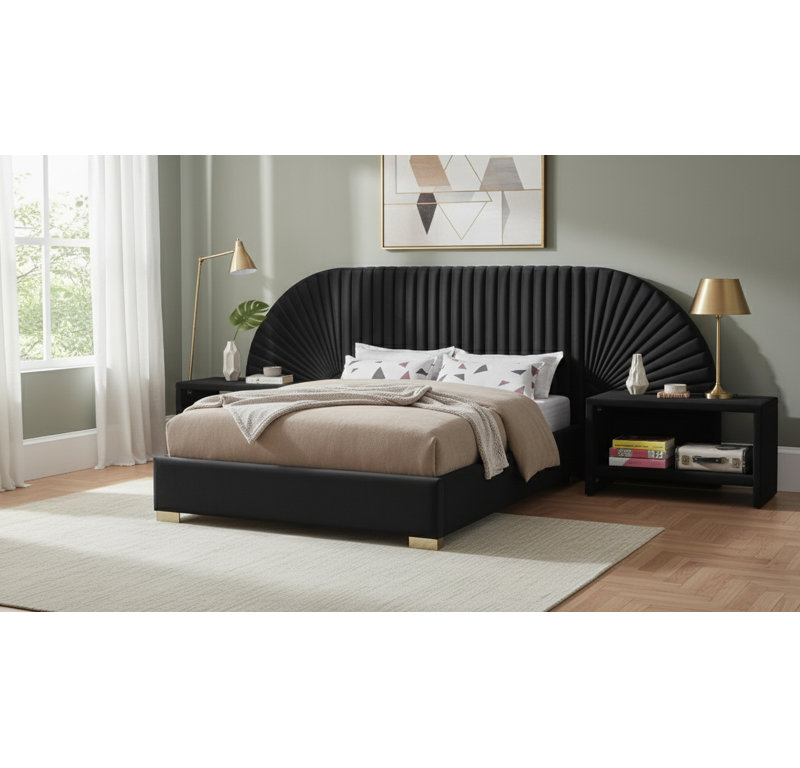 Upholstered Panel Bed, King, Black Velvet