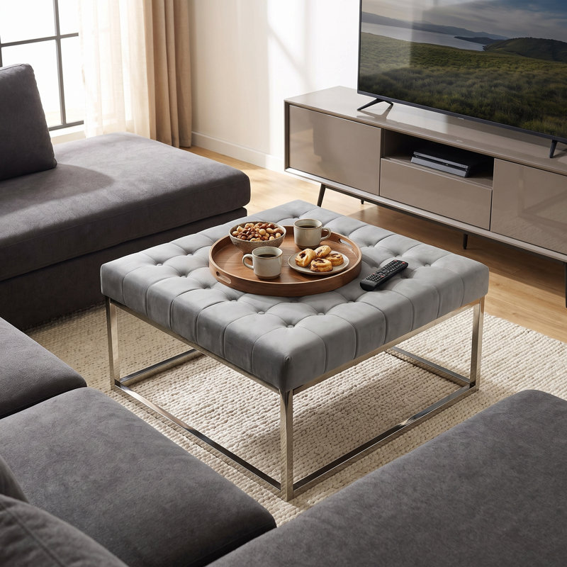 Kibwe Velvet Ottoman, Gray, Polished Chrome
