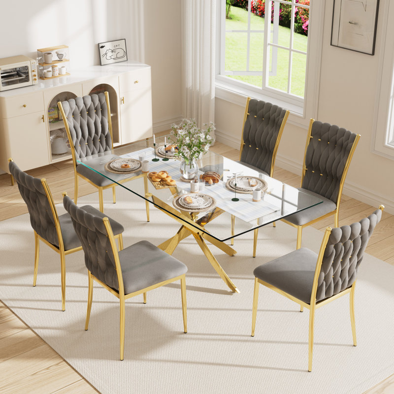 63" Rectangular Tempered Glass Table set, 7, Gray/Gold