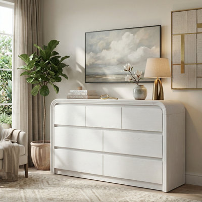 Curved Edge 47.24" Wide White MDF 7-Drawer Dresser with Storage
