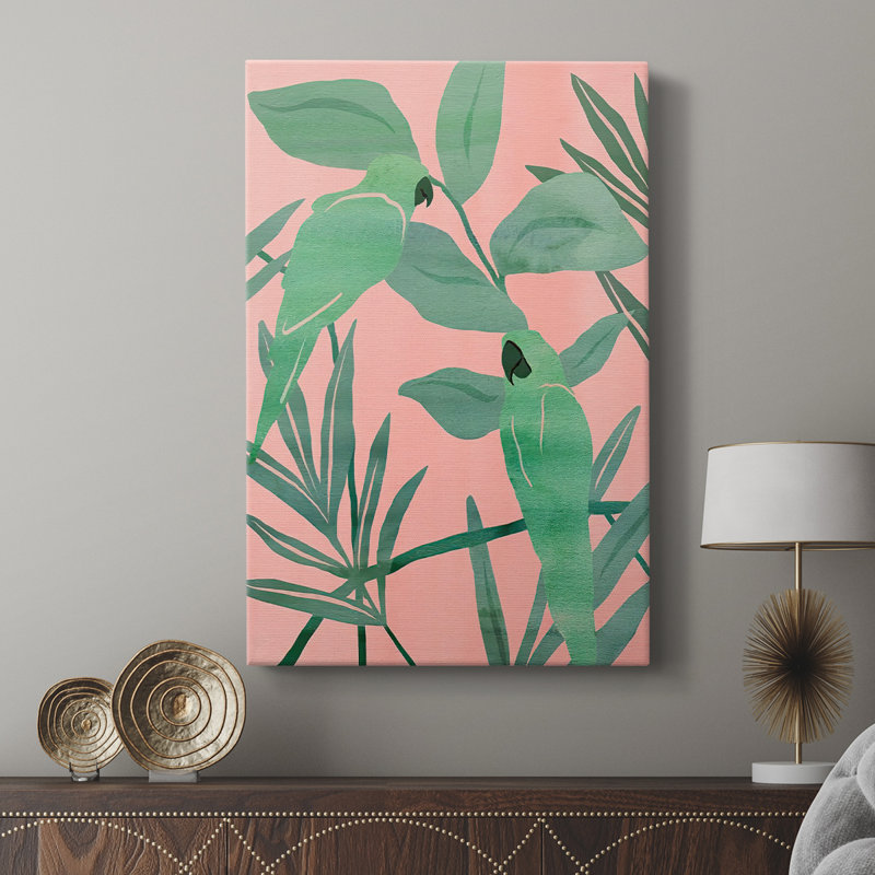 Oiseaux de paradis roses et verts I - galerie sur mesure, H 48 po x l 32 po