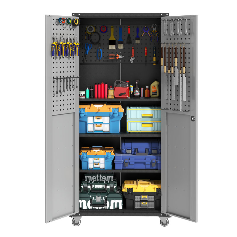 Armoire de rangement en métal robuste 71 po avec roulettes, tablettes réglables verrouillables et panneaux perforés Mak Peace