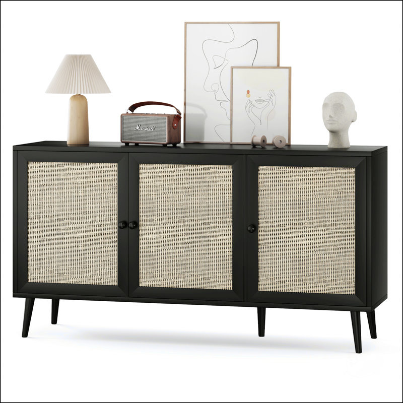 Buffet en rotin avec 3 portes, grand rangement pour cuisine moderne et vestibule, H 31,1 po x l 59,1 po x P 15,4 po, Noir
