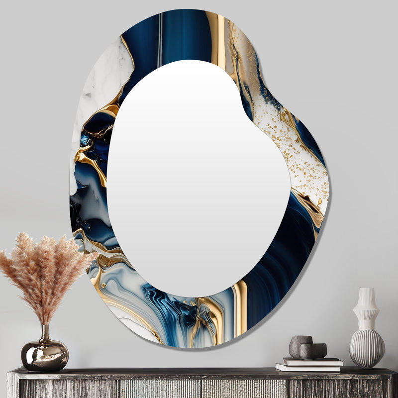 Abstract Geode Waves Blue V - Abstract Unique Shape Decorative Wall Mirror, Modern Asymmetrical Mirror, Printed Metal Art