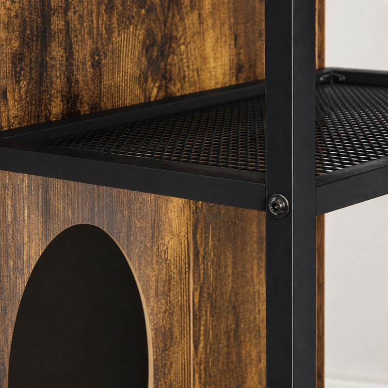 Armoire à litière pour chat 34,1 pouces à double couche avec support latéral en filet, deux entrées rondes, portes cachées pour le salon