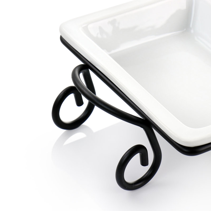 Modern White Porcelain 3-Section Rectangular Serving Tray with Metal Rack