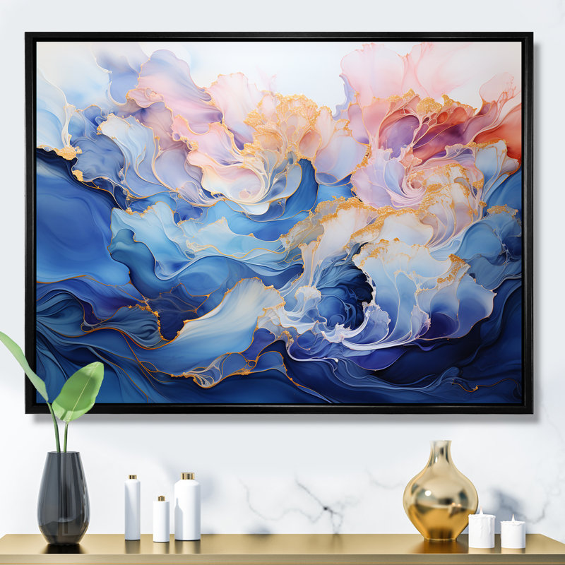 Rêve d'encre rose et bleue sur toile, Cadre flottant noir, H 12 po x l 20 po x P 1 po