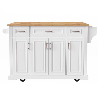 54Inch Large Kitchen Island With Rubber Wood Drop Leaf, Embossed Texture Rolling Kitchen Cart On 4 Wheels With 4 Doors And 3 Drawers, Kitchen Island With Storage For Kitchen, Dining Room,White