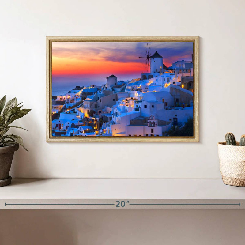 Santorini Lights, Floating Frame Natural Wood, 13" X 9"