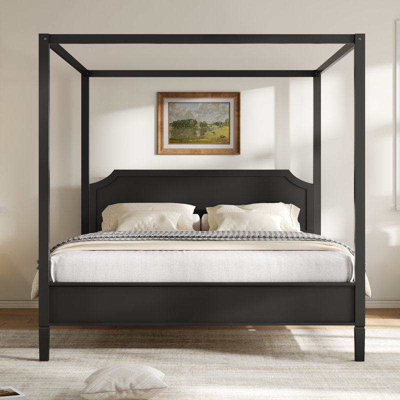 Très grande base de lit à baldaquin en bois massif avec tête de lit et pieds de soutien, mobilier de chambre moderne, noir