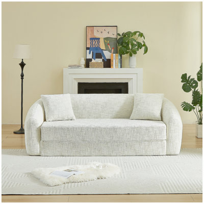 87-inch Curved Convertible Sofa Recliner, 2-in-1 Fold-Out Sofa Bed, with Pull-Out Base and Deep Seat Design, Includes Two Pillows, Chenille Two-Seater Recliner, No Assembly Required, Beige
