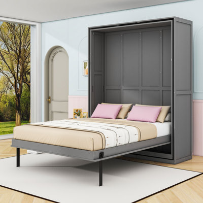 Rotating Queen Size Wooden Murphy Bed with Hidden Storage Shelves