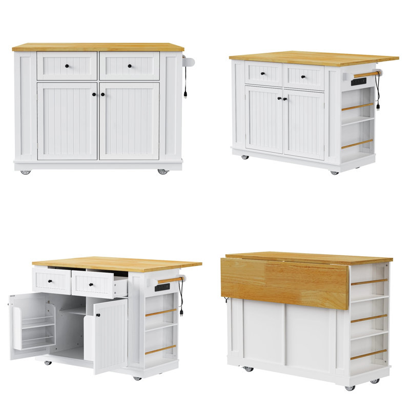 Drop-Leaf + Crushed-Diamond Edge, Built-In 3-AC/2-USB Power, 2 Barn-Door Cabinets w/ Adjustable Shelves, Bamboo Spice Racks, 5 Hidden Wheels, 440 lb Top