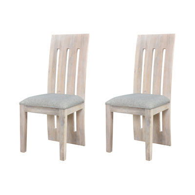 Set of Two Gray and Natural Fabric And Wood Slat Back Dining Side Chairs