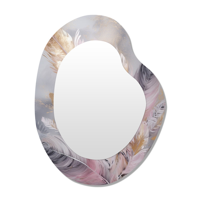 Rose plume Wanderlust - miroir mural unique de forme irrégulière Glam Feather, miroir asymétrique moderne, impression d'art en métal