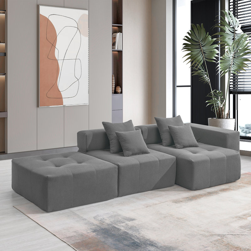 Canapé modulaire en L de 105,5 po Roomfitter, ensemble de canapé de plancher en velours côtelé minimaliste, canapé convertible en nuage pour le salon, combinaison 3 pièces, gris