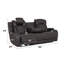 Fauteuil inclinable électrique 3 places en microfibre gris foncé avec tablette rabattable, console, système sans fil, éclairage DEL, mécanisme d'inclinaison, rangement pour coussins de dossier et de fermeture, ressorts ensachés et surmatelas.