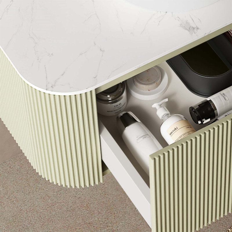 Bathroom Vanity With Sink, Modern Wall-Mounted Floating Curved Edges Striped Bathroom Storage Cabinet With A Drawer Round Ceramic Basin Without Faucet, Pre-Assembled