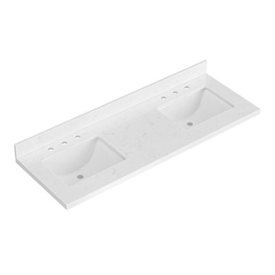 ARIEL 60 INCH CARRARA WHITE QUARTZ BATHROOM VANITY COUNTERTOP 1.5 INCH THICK MITER EDGE WITH RECTANGLE SINGLE SINK AND INCLUDES BACKSPLASH