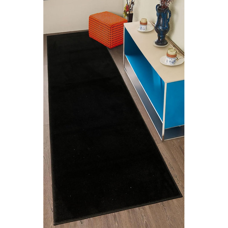 Antibacterial Soft Pile Anti Slip Indoor Rug Solid Design for Hallway Stairway by Feet, Runner 2'2" x 19', Black