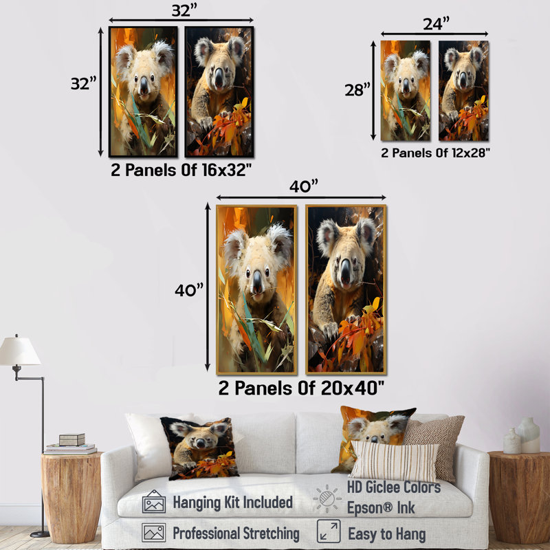 Koala Bush Retreat I - ensemble de 2 impressions sur toile Koala, H 28 po x l 25 po, Toile tendue