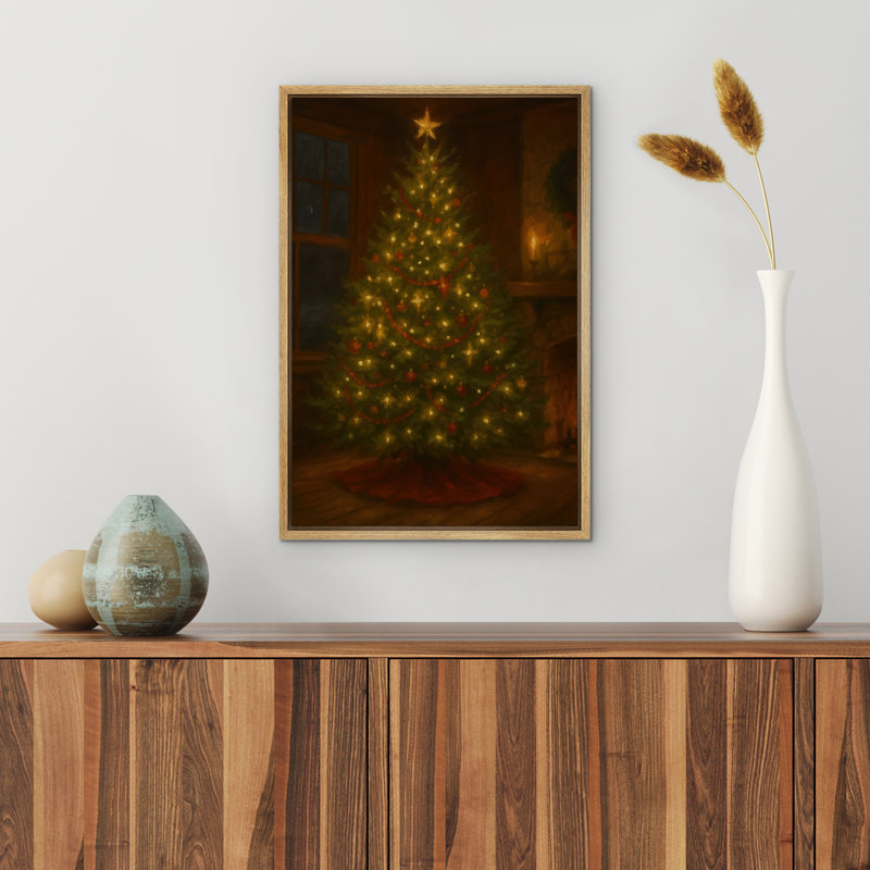 «Glowing Christmas Tree in Cozy Room Warm Holiday Decor», reproduction d'art encadrée sur toile de la chambre principale