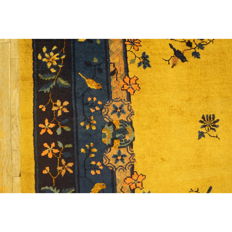 Tapis bleu marine, jaune et antique en laine Art déco