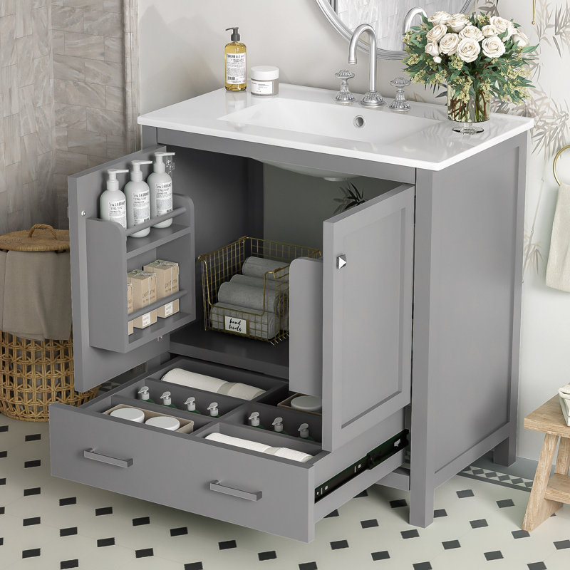 Meuble-lavabo de 30 po avec lavabo simple, meuble-lavabo encastré, armoire de rangement avec 2 portes et un tiroir, fermeture en douceur, rangement multifonctionnel, structure en bois massif