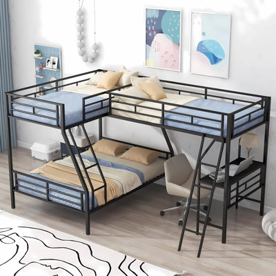 Lit superposé simple au dessus d'un lit double très grand en L noir avec bureau intégré