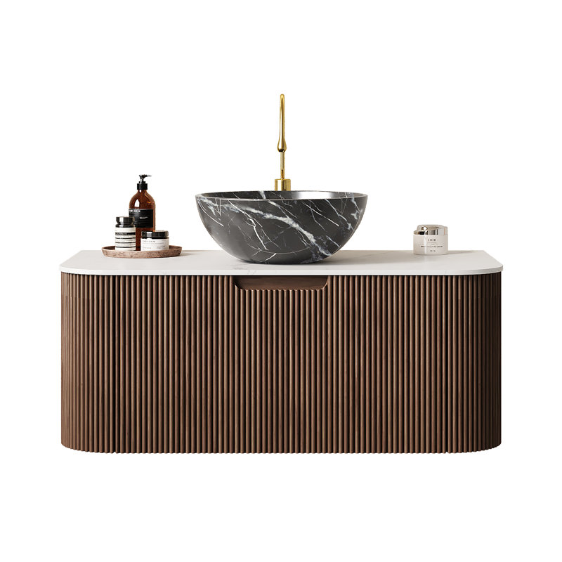 Meuble-lavabo mural avec lavabo, armoire de rangement cannelée à bord arrondi avec tiroir, vasque en céramique noire, pré-assemblé
