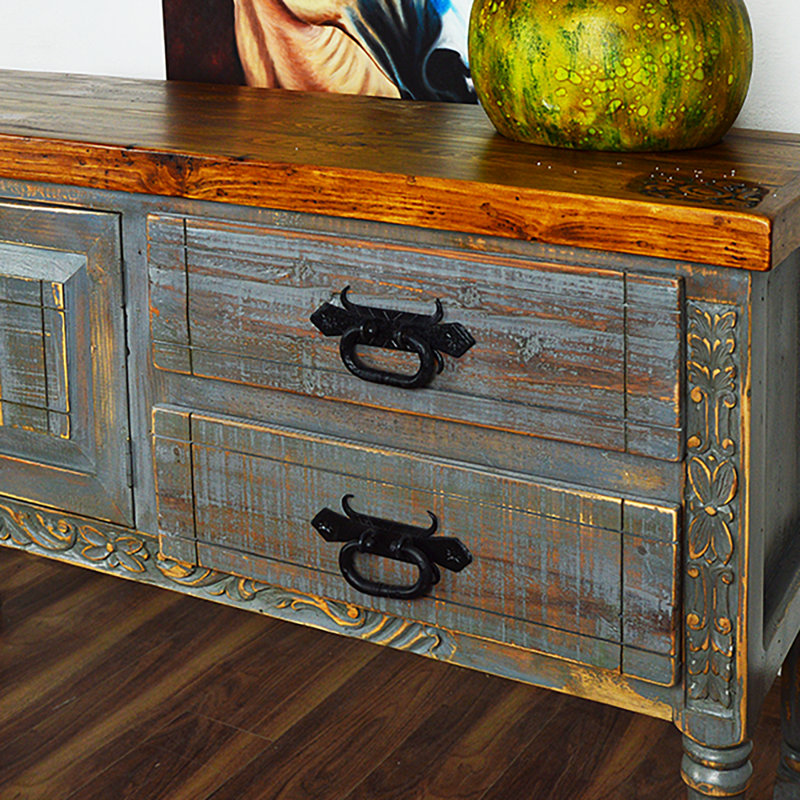 Distressed Grey Carved Wood Console