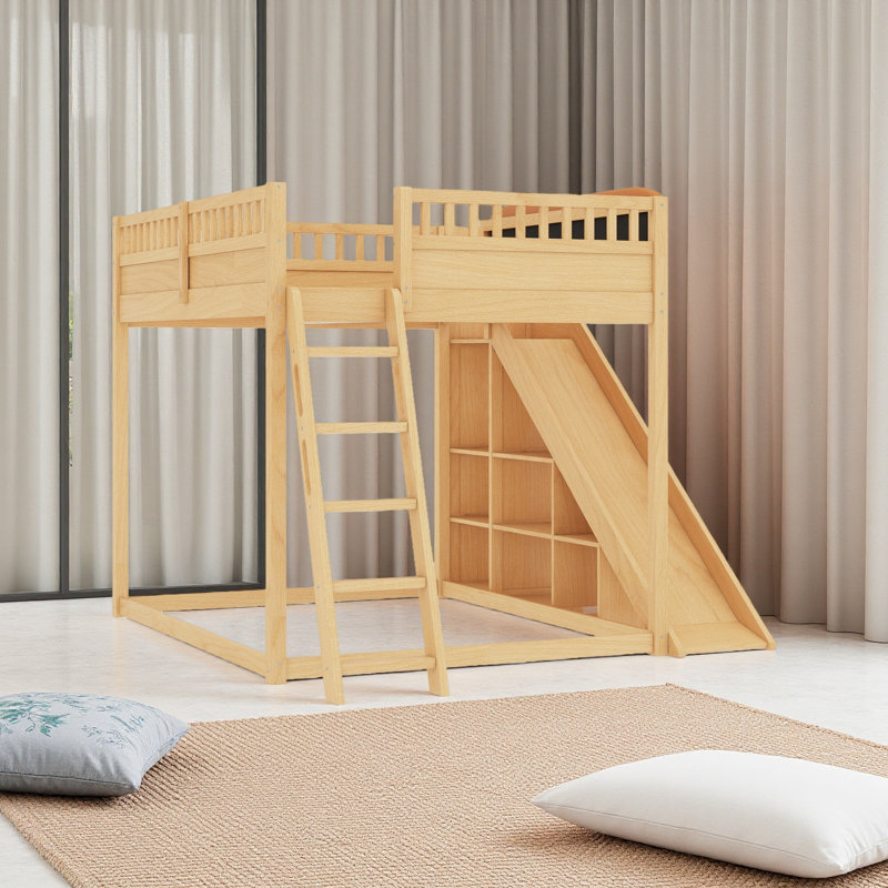 Lit mezzanine avec tête de lit tapissier et tablettes de rangement, complet avec échelle et glissade, Naturel, Grand lit