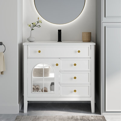 Meuble-lavabo Mid-Century, verre, bande de capteur de mouvement, toilettes haut de gamme faciles à nettoyer, meuble-lavabo autoportant blanc élégant de 35,6 po avec verre et éclairage automatique, armoire à tiroir rabattable
