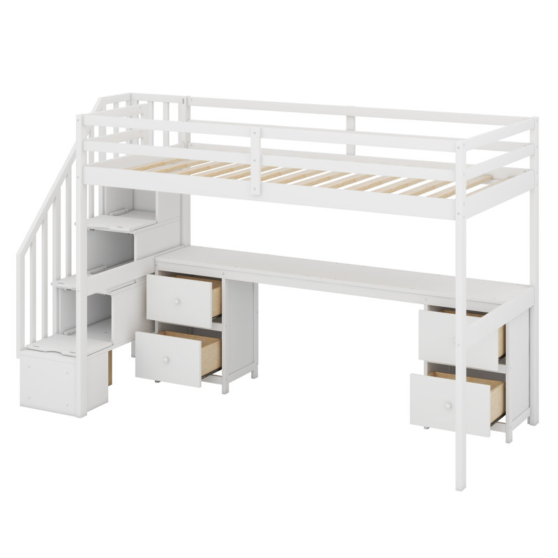 Jaxsten Twin Size Loft Bed Frame with Built-in Desk and Double Storage Drawers, White