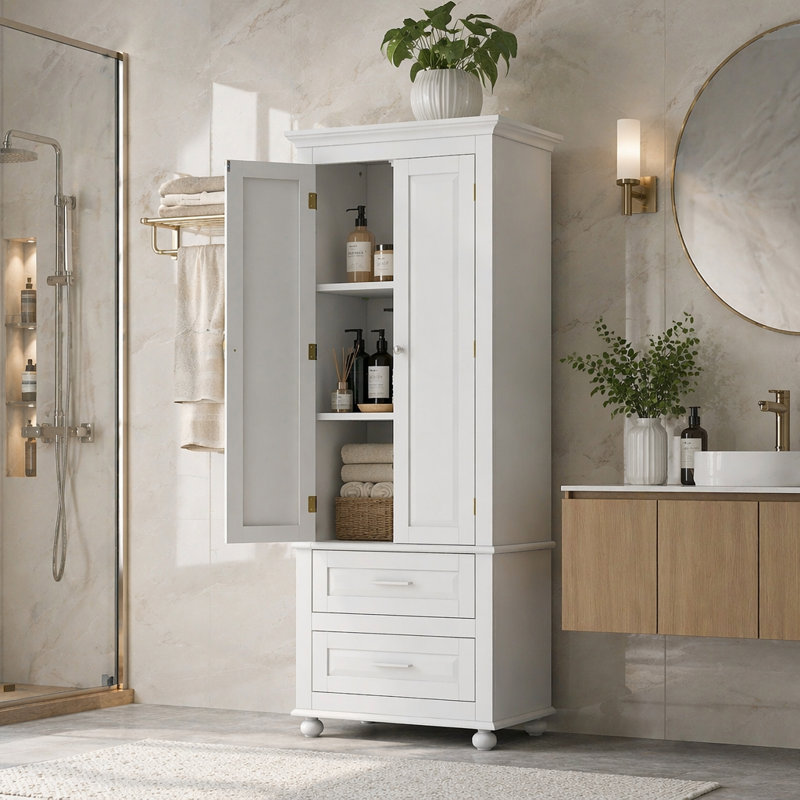 Tall Storage Cabinet With Two Drawers, White