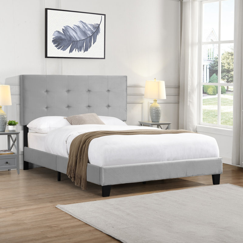Gray Full Size Upholstered Bed With Headboard, Secure Wood Slat Support, Mattress Foundation, No Box Spring Required, Simple Assembly Process Dynamic Backing, Spring, Easy To Assemble, Shade