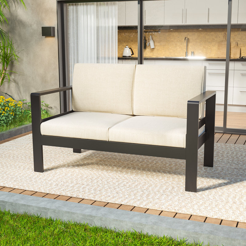 Causeuse d'extérieur en métal avec coussins, Beige