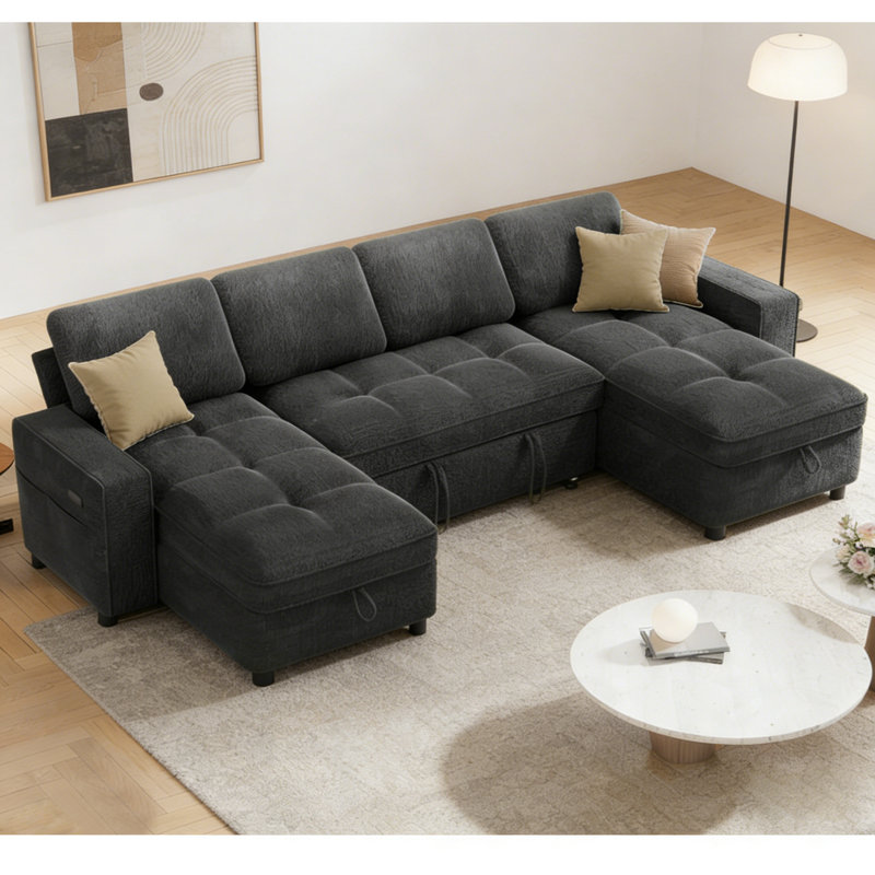 Multifunctional Sectional Sleeper Sofa With Usb/Type-C Charging, 5-Position Recline, Tool-Free Assembly, Chenille Fabric With Washable Covers-U Shape Sofa