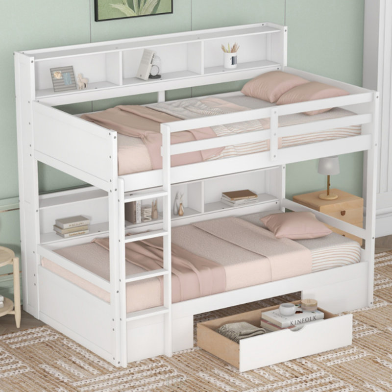 Lit superposé simple avec tablettes intégrées et tiroir de rangement, parfait pour une utilisation compacte et multifonctionnelle dans les dortoirs