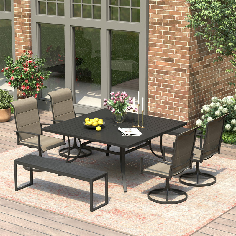 59" Patio Dining Table Set with 4 Padded Swivel PVC-Coated Polyester Chairs & 2 Benches, Black/Black