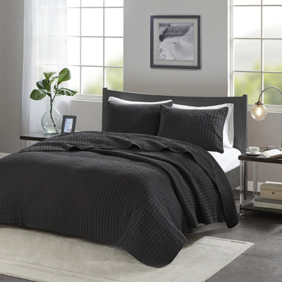 Courtepointe très grand / très grand, noir avec touche de corail réversible, microfibre, rembourrage en coton, atmosphère placide pour très grand lit, 3 pièces, motif, literie