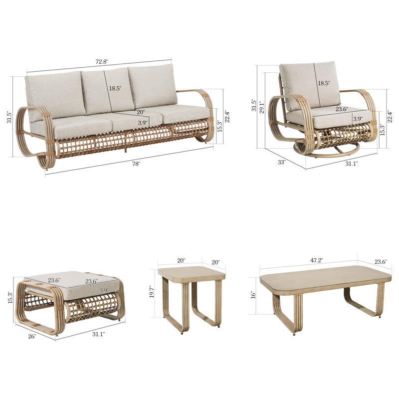 Patio 5 Person Aluminum Swivel Conversation Set With Olefin Cushions And Ottomans