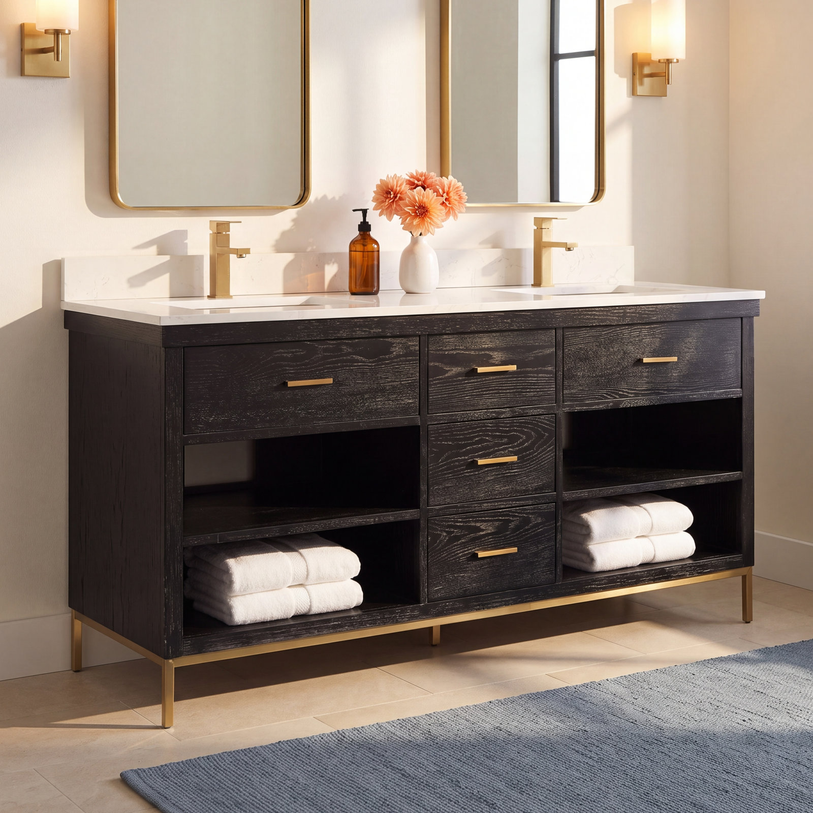 Adaire 72'' Double Bathroom Vanity, Black, Gold