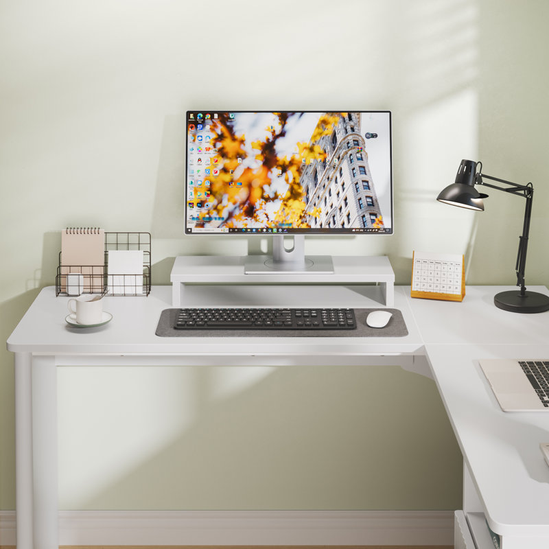 Derick 55.7'' W L-Shaped Computer Desk with File Drawer and Drawer Pedestal, Walnut/White