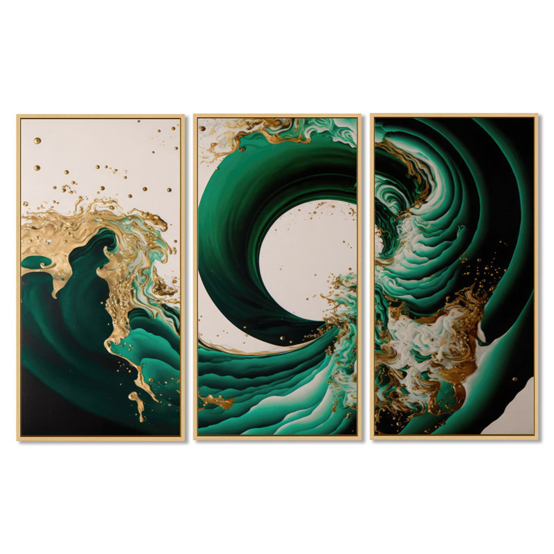 Beffrey Divaraj vert émeraude et vagues abstraites dorées IV - 3 pièces, reproduction sur toile, H 28 po x l 36 po, Brun