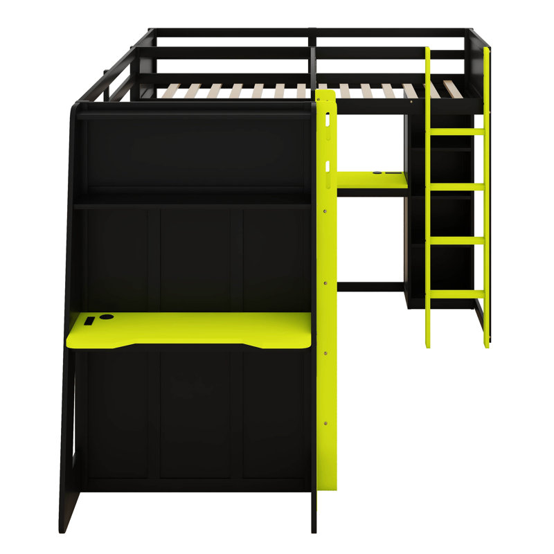 Lit mezzanine simple en forme de L avec lumières DEL RVB et ports USB, lit mezzanine double solide avec meuble télé et tablettes de rangement