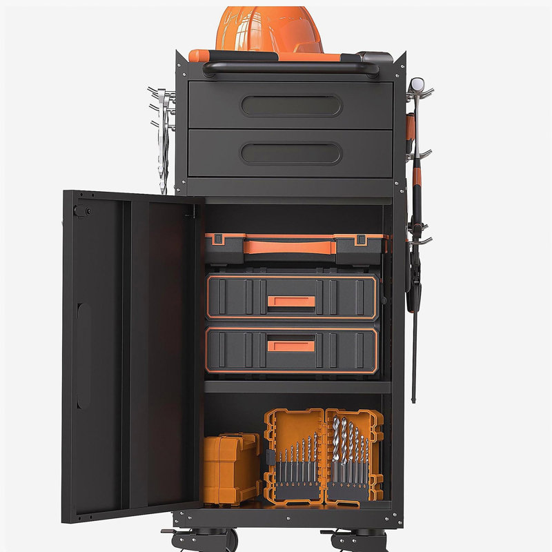 Armoire à outils roulante étroite 34,3 po - Rangement de garage peu encombrant avec porte verrouillable, 2 tiroirs et grande poignée, organisateur en métal mince pour les espaces restreints