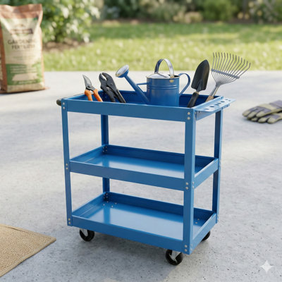Chariot à outils mobile sur roulettes. Un chariot à outils à trois niveaux pour mécanicien roulant fabriqué en acier robuste avec roulettes verrouillables, pouvant supporter jusqu'à 450 livres. Un chariot de service industriel convenant aux garages, entrepôts et ateliers (bleu).